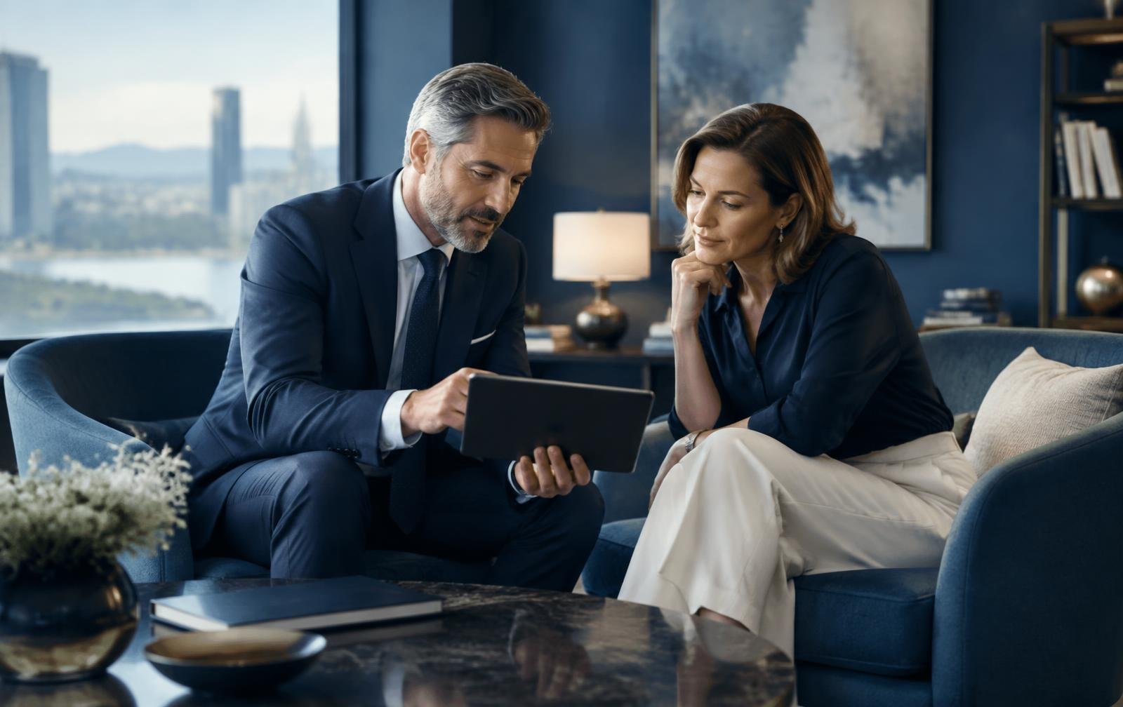 Private banking relationship manager reviewing a client's complete financial view