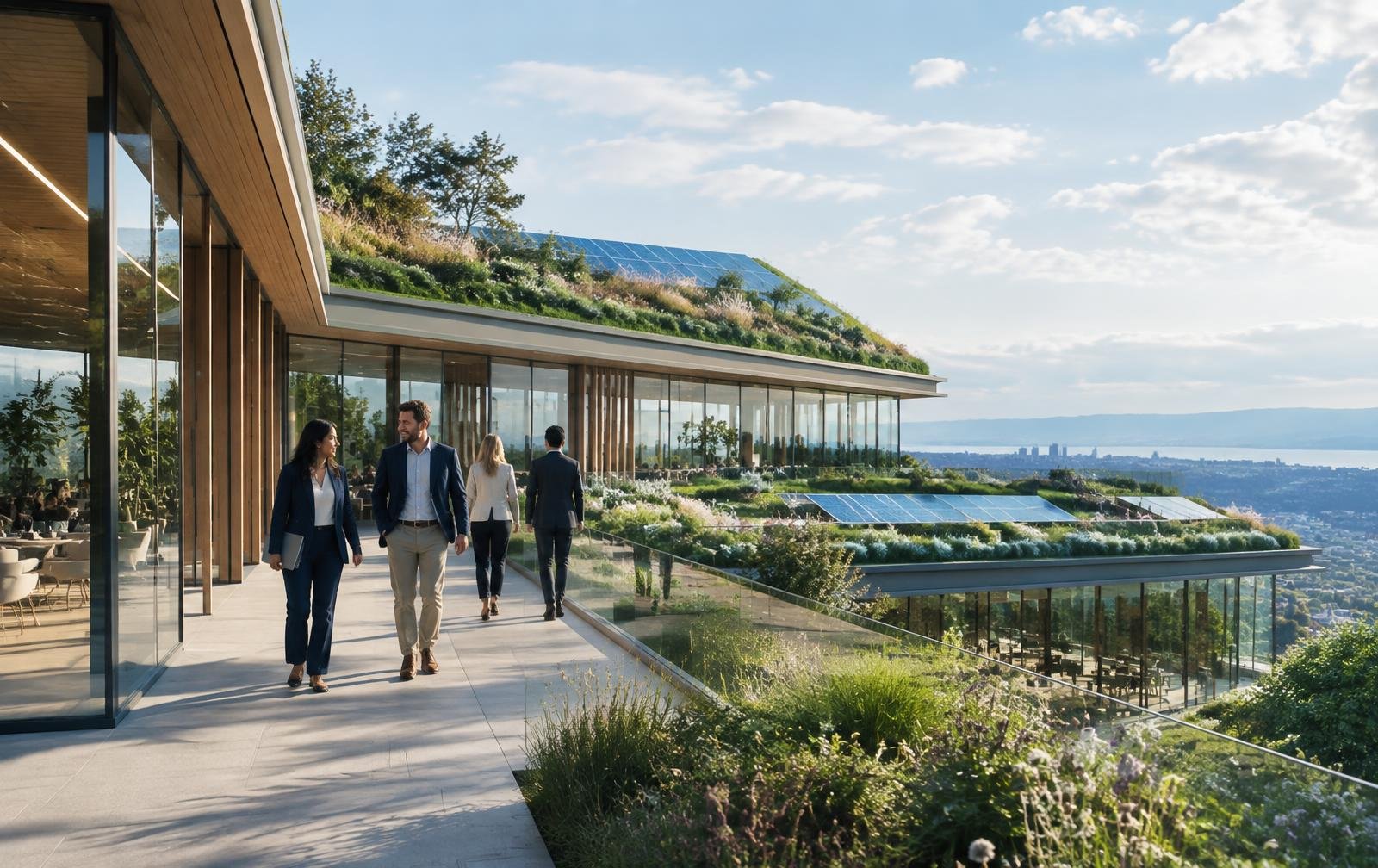 Sustainable workplace with green roofs and solar panels