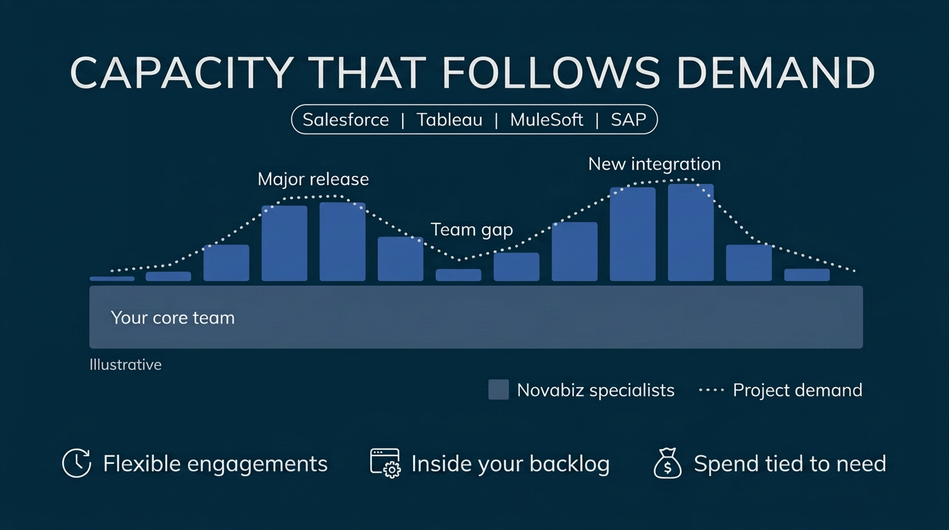 Staffing infographic: Novabiz specialist capacity follows project demand above your core team through releases, team gaps and integrations.
