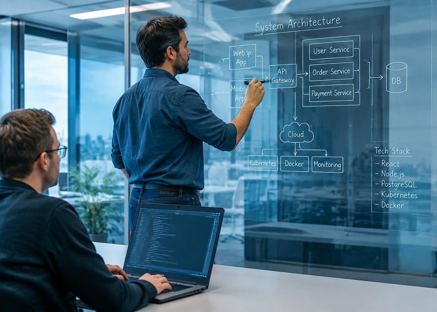 Solution architect mapping a system design with a developer