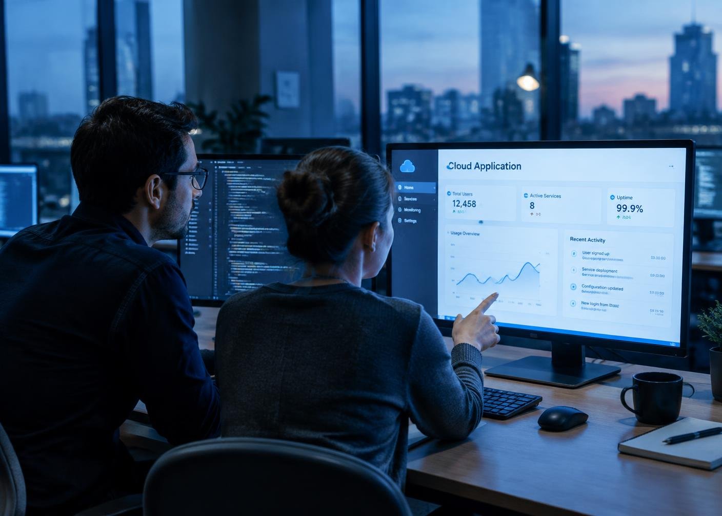 Product team reviewing a cloud application dashboard
